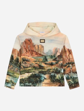 Бежеве худі DOLCE&GABBANA з принтом та металевою пластиною з логотипом: фото - Invogue