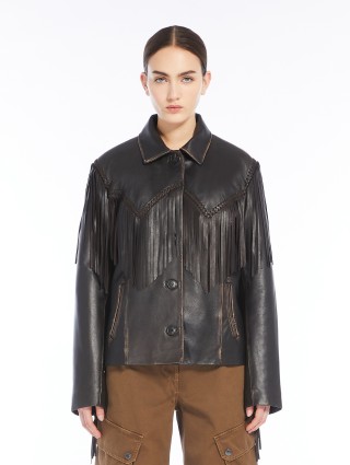 Темно-коричневая куртка WEEKEND MAX MARA из кожи наппа: фото 1 - Invogue