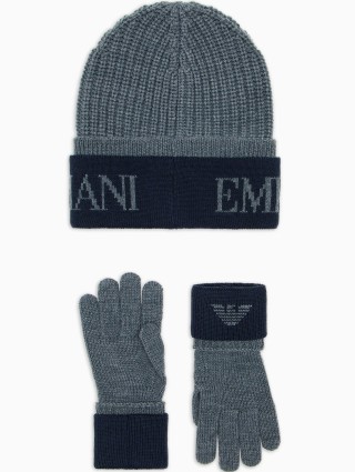 Комплект серого цвета из шапки и перчаток EMPORIO ARMANI с логотипом: фото 2 - Invogue