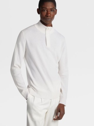 Білий светр Zegna з кашемірової пряжі з коміром-стійкою та планкою: фото 4 - Invogue
